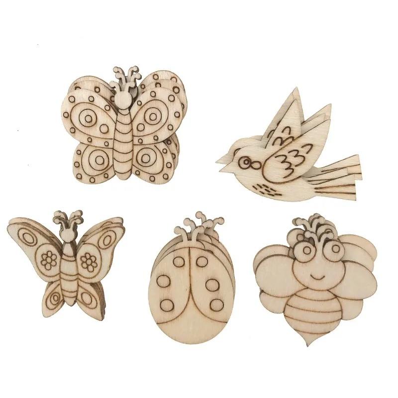 50pcs Wooden Embellishments Butterfly Bee Flower Leaf Squirrel Slices Discs Unfinished Cutouts Wood Ornaments for Crafts DIY