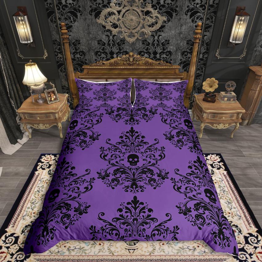 Homewish Vintage Damask Floral Duvet Cover Set,Gothic Skull Comforter Cover Set,Yellow Black Bed Set For Men Women