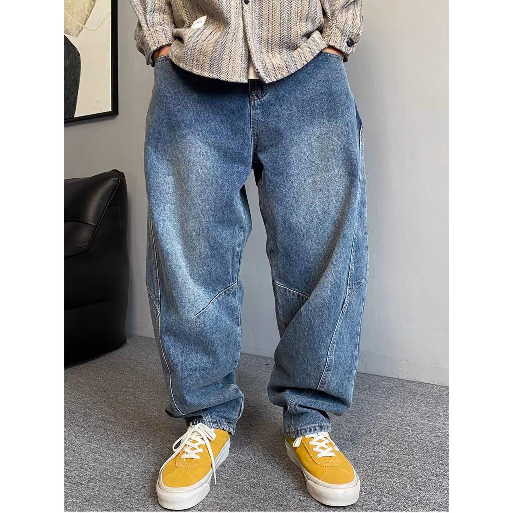 Męskie jeansy oversize vintage casual luźne proste zwężane spodnie dżinsowe mocno sprane szerokie nogawki grube jeansy plus size