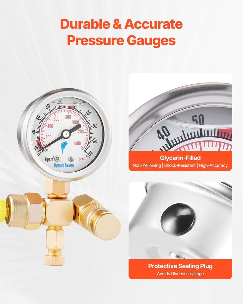 Hydraulic Nitrogen Accumulator Charging Kit, 0-100 Bar Nitrogen Fill Kit, Pressure Test System with 1 Pressure Gauge, 1 Gas Hose, 1 Valve Body and 1