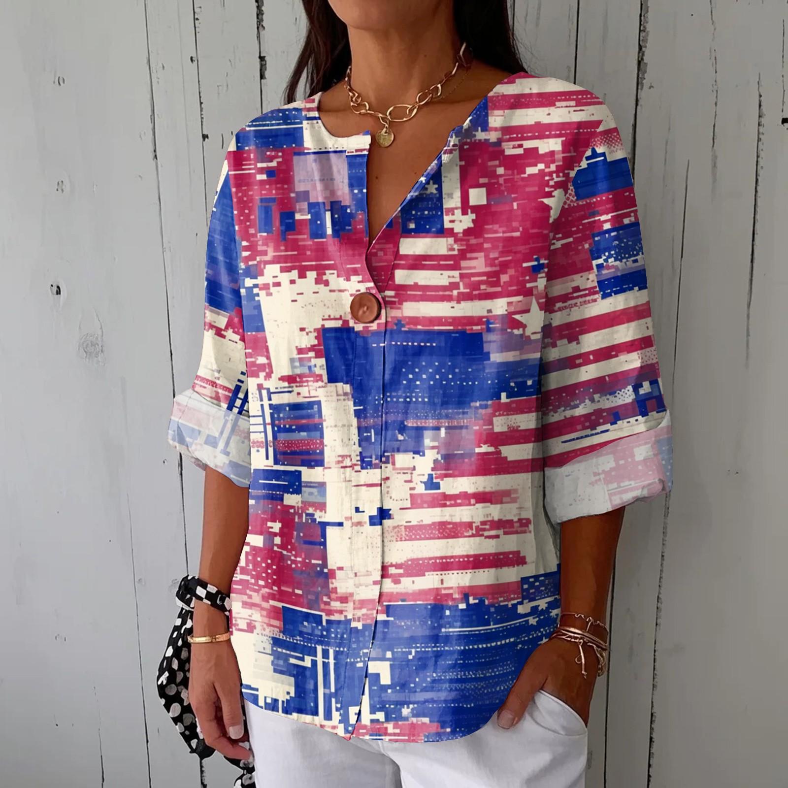 Women s Fashionable V Neck Button Seven Quarter Sleeve Printed Casual Top M киноварь