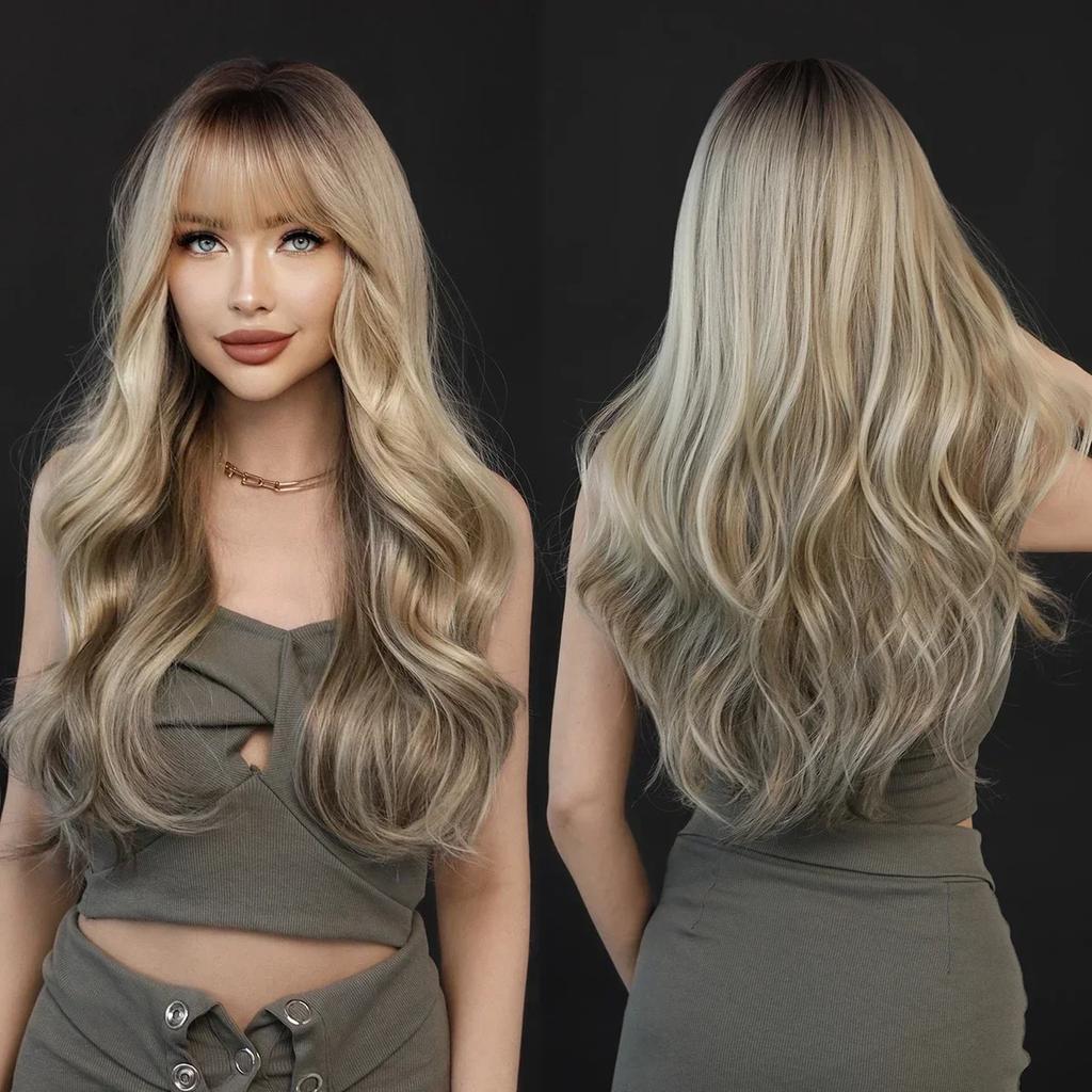 Professional  Loose Long Body Wavy Orange Wig for Women Daily Use Fashion Synthetic LightOrange Curly Hair Wigs with Bangs High Density 28Inch