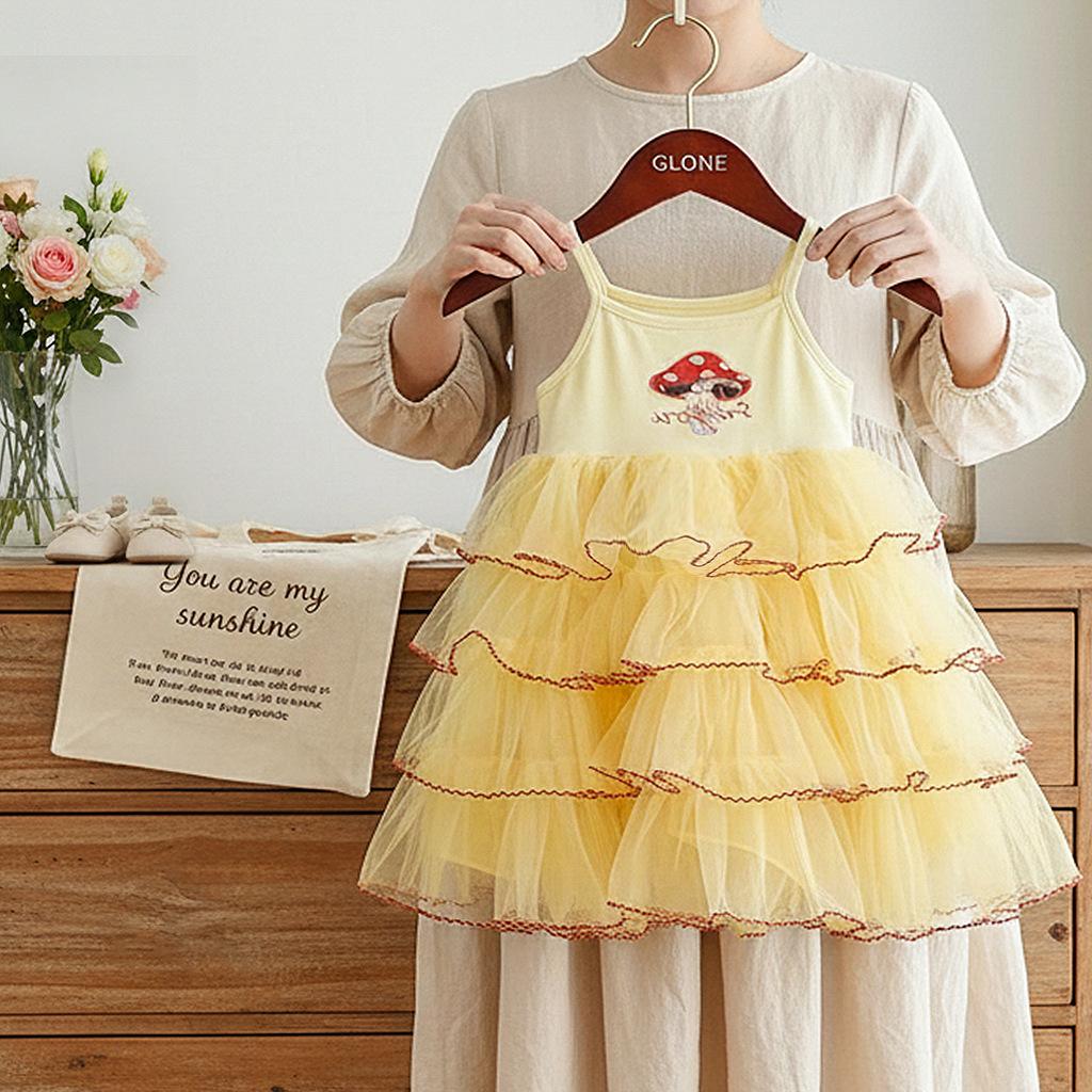 Girls Summer Sweet Multi Layer Mesh Spaghetti Strap Princess Dress Baby Chic Sleeveless Party Dress For Kids