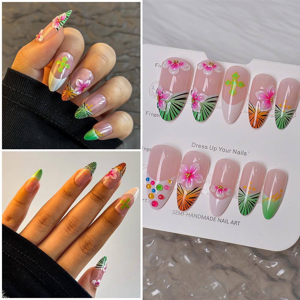 Leopard Print 3D Carved Almond Press-on Nails - Medium-Long, Removable False Nail Art Accessories.