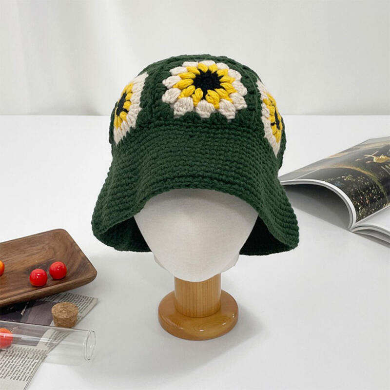 

Nibiho Flower Grandmacore Kitsch Knit Bucket Hat for Women White Yellow