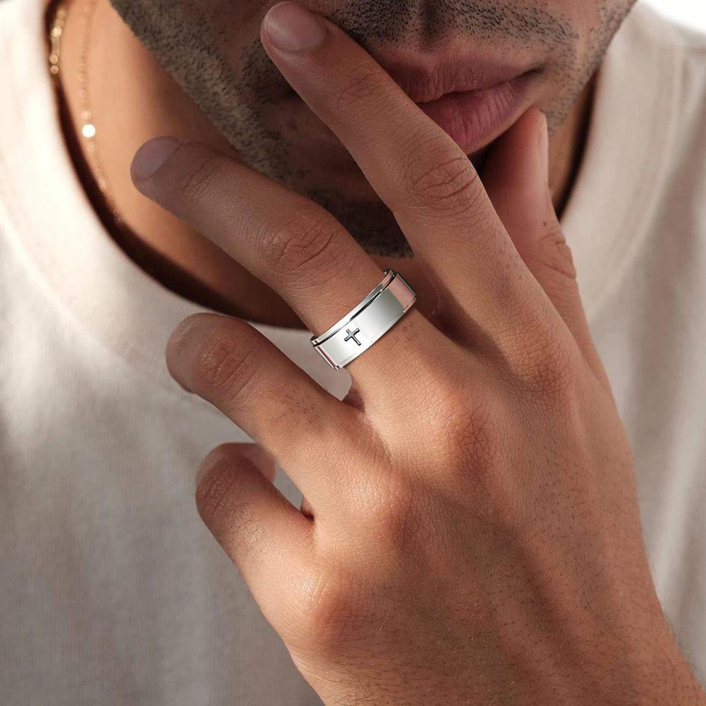 Vnox Spinner Kreuzring für Herren, Schwarz Edelstahl Drehbar Stressabbau Fingerband, Jungen Christus Jesus Religion Ring