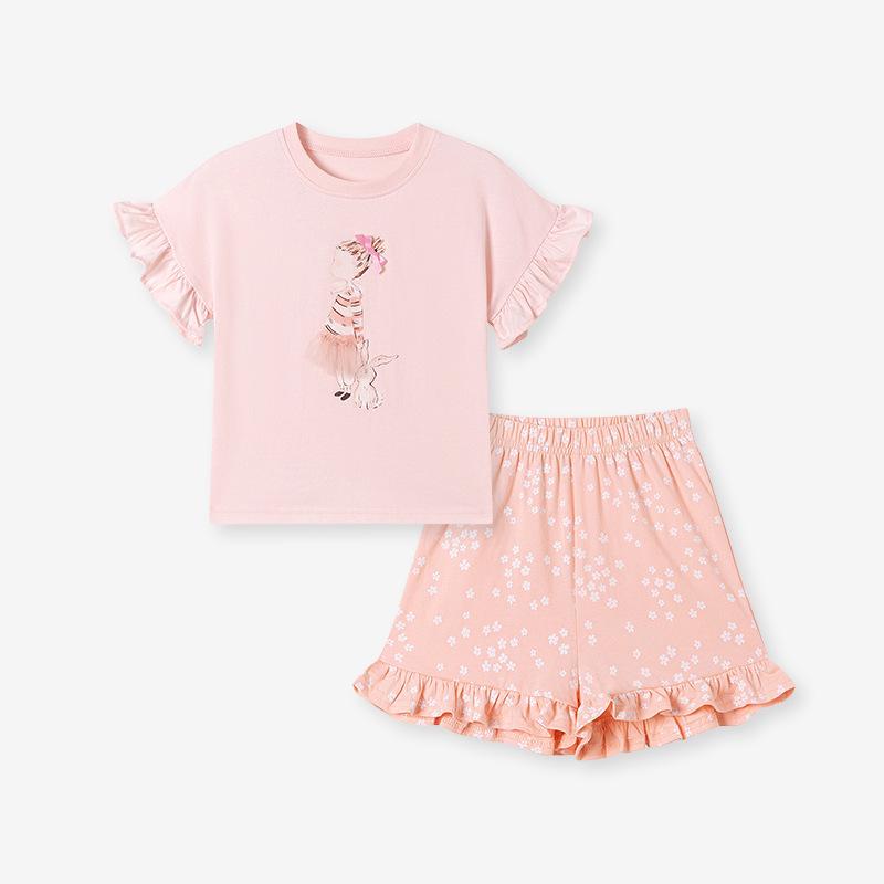 

European & American Style Cute Girls Summer Two-Piece Set: Round Neck T-shirt & Shorts 3Y