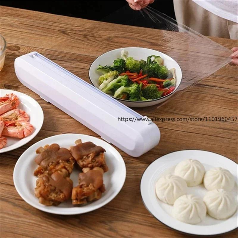 Plastic Wrap Dispenser with Suction Cup Household Film Cutter and Storage Box Creative Kitchen Tool