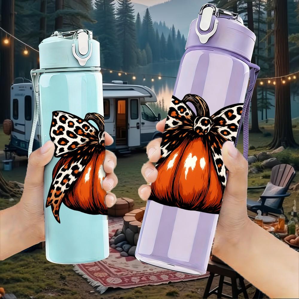 1PC Leopard Bow Pumpkin Fall Print 750ml Color Plastic Sports Water Bottle Leakproof Flip Straw Lid Suitable for Sports Office Home Use