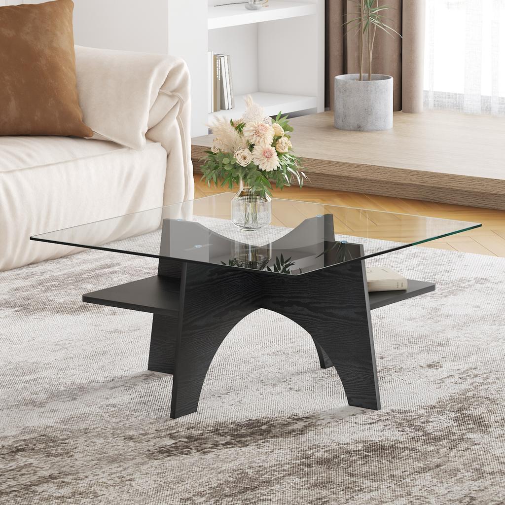 Modern Square Side Table Made of Safety Glass - 80 cm Side Length. Table Legs Made of MDF with Black Wood Look. Ideal for Dining Room, Office etc.