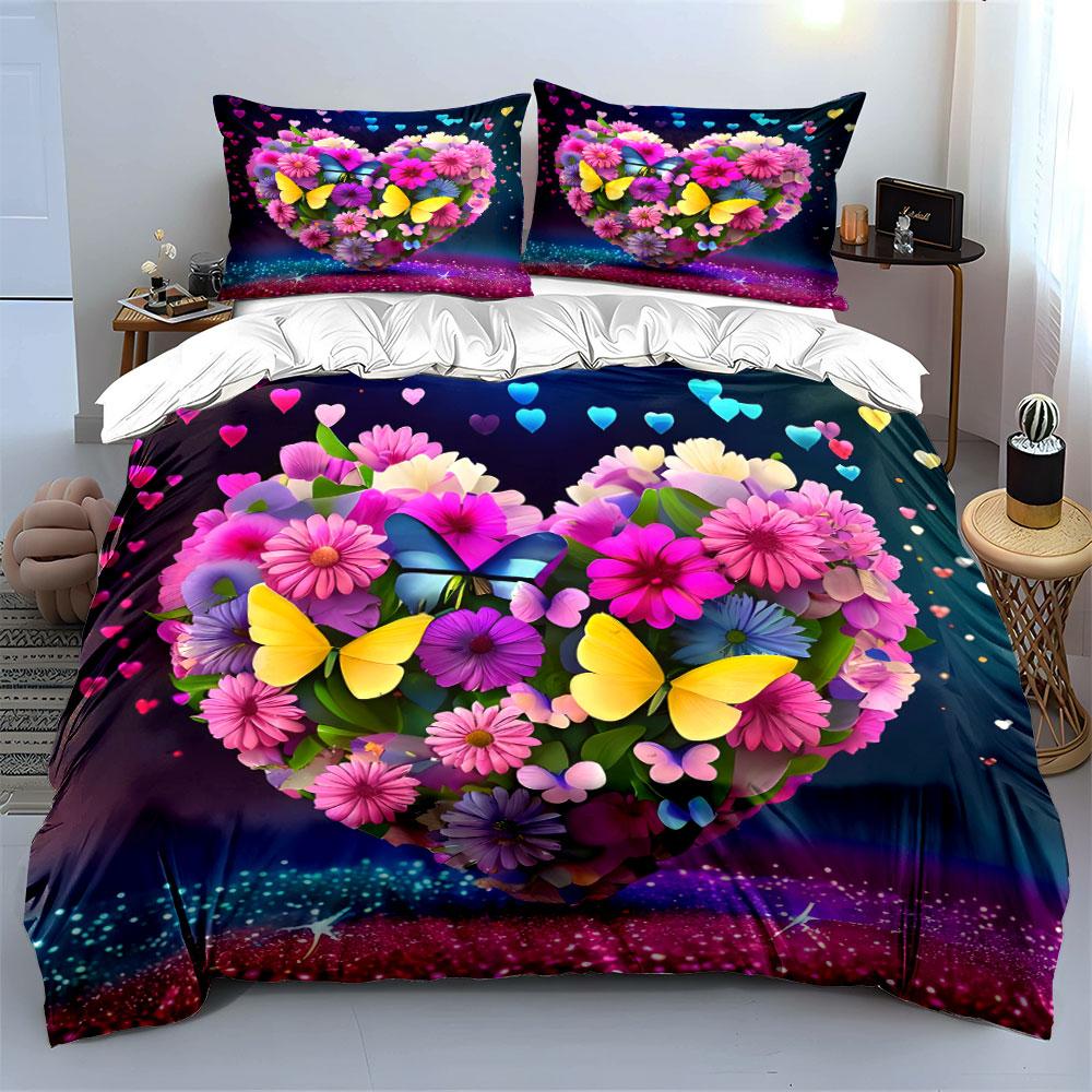 Romantic Floral Butterfly Decoration Set Bedding Set with 1 Duvet Cover 2 Pillowcases Single Double King Queen, Gift