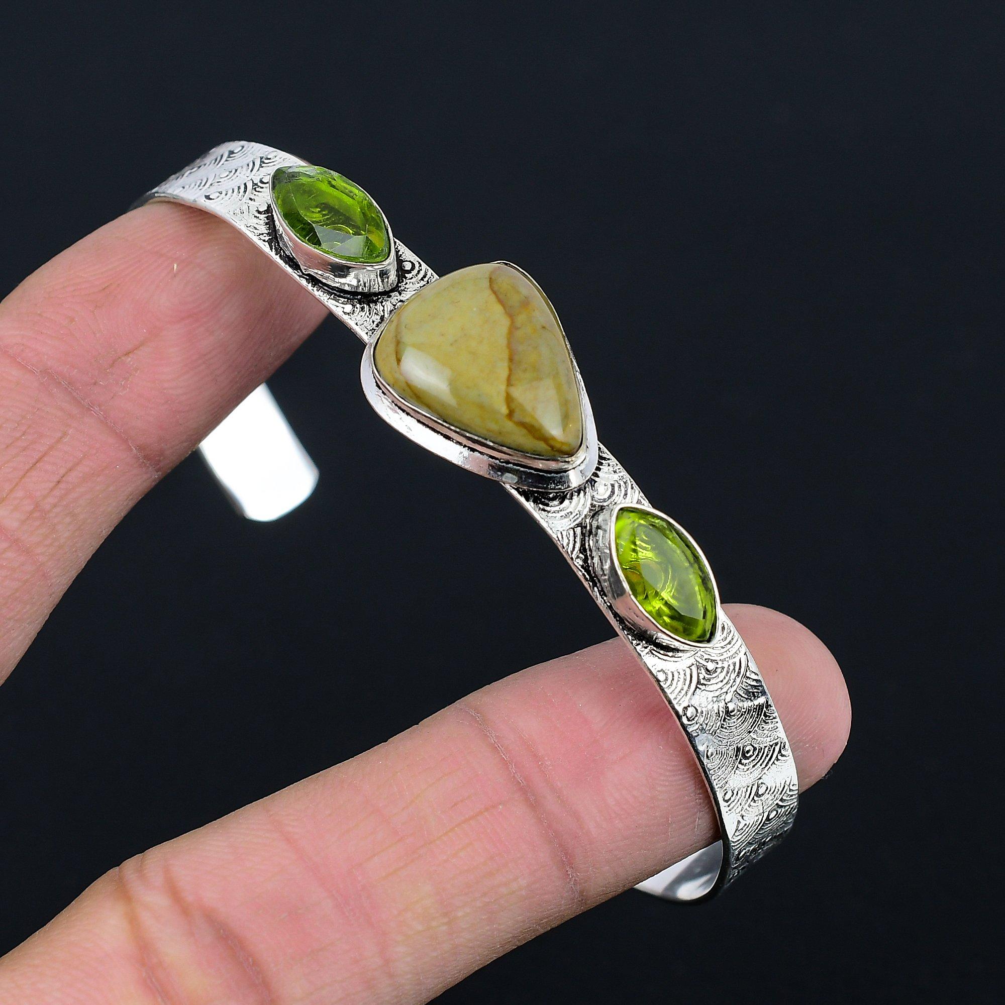 

Sisters Day Sale Polychrome Jasper Stone Peridot Art Deco Boho Bangle 925 Silver Adjustable