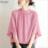 Women Casual Round Neck Solid Color 3/4 Sleeve Blouse