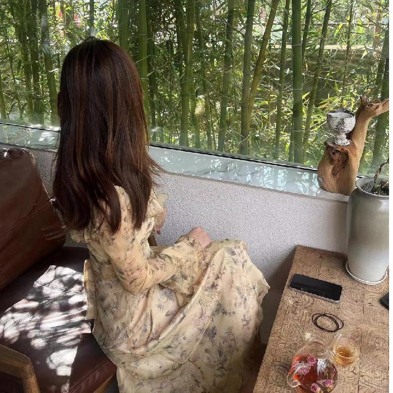 Gentle Korean retro floral tea break skirt for women's spring and autumn new waist cover and thin pear-shaped body dress