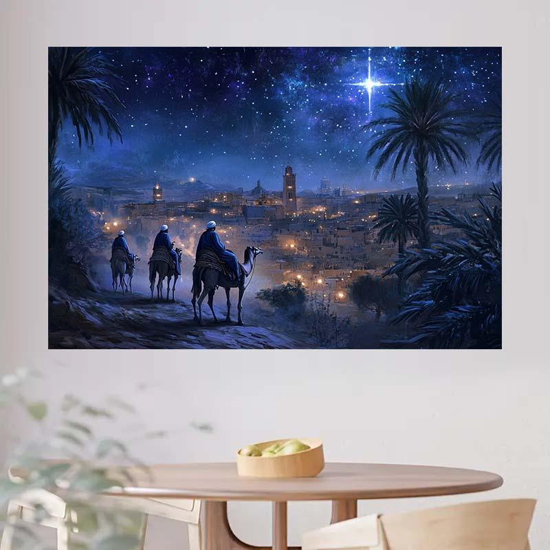 1 Piece of Christmas Manger Background Cloth - Three Sages Starry Night Desert Journey and Palm Tree Landscape - Polyester Fiber