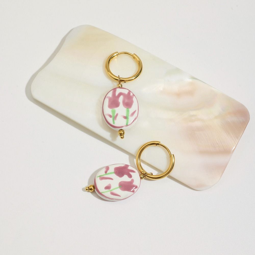 Stainless Steel Blue and White Porcelain Earrings Chinese Style Gold Hoop Earrings  Lady