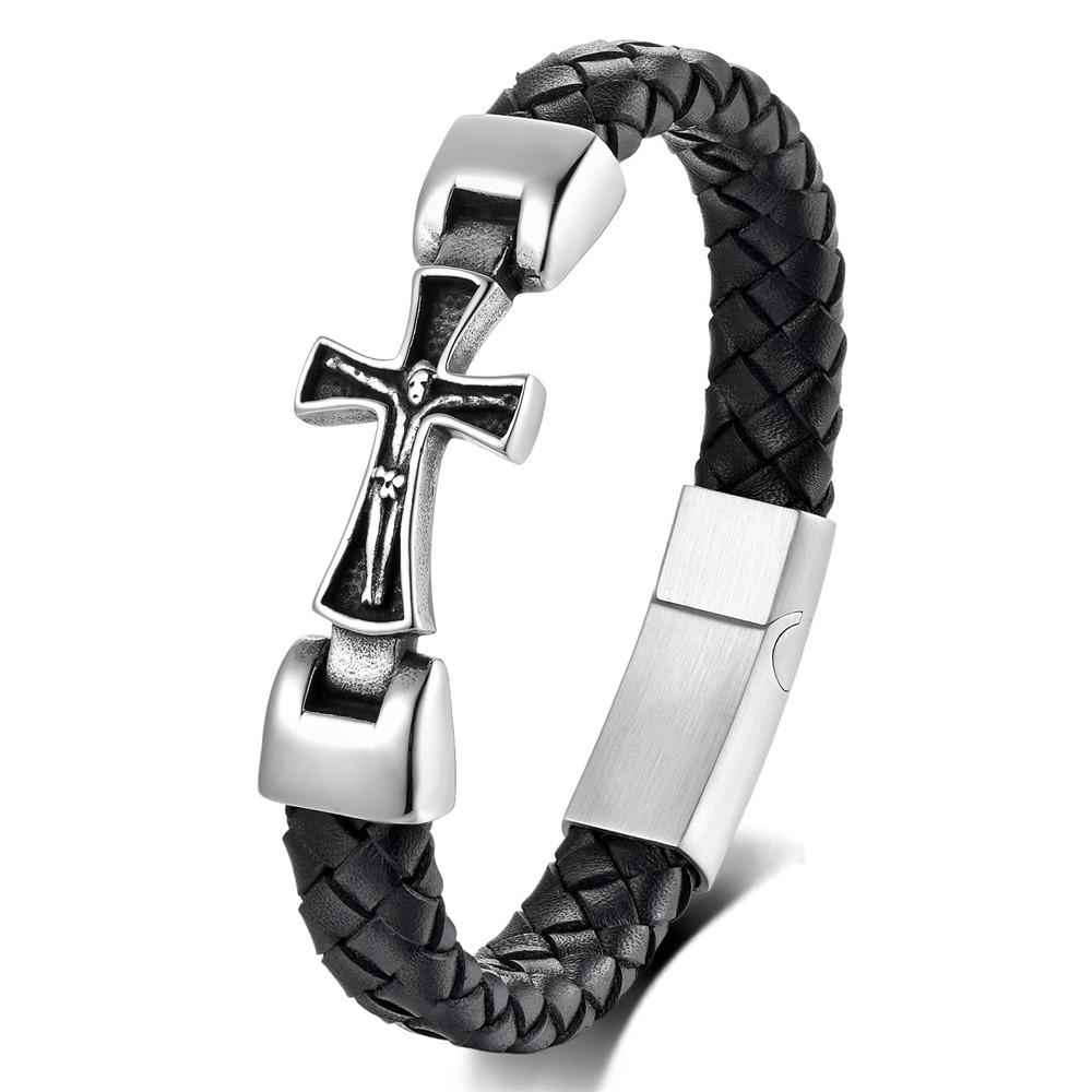 Classic Mens Leather Bracelet Stainless Steel Religious Bangles for Men Women The Cross of Jesus Catholic Jewelry Gifts