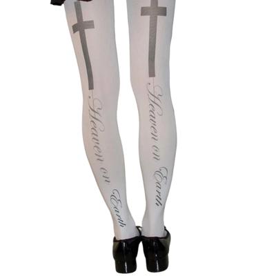 Damen Elegante Japanische Stil Gotische Weiße Seide Strumpfhosen Strümpfe Kreuze und Buchstaben Druck Blickdichte Strumpfhosen Leggings