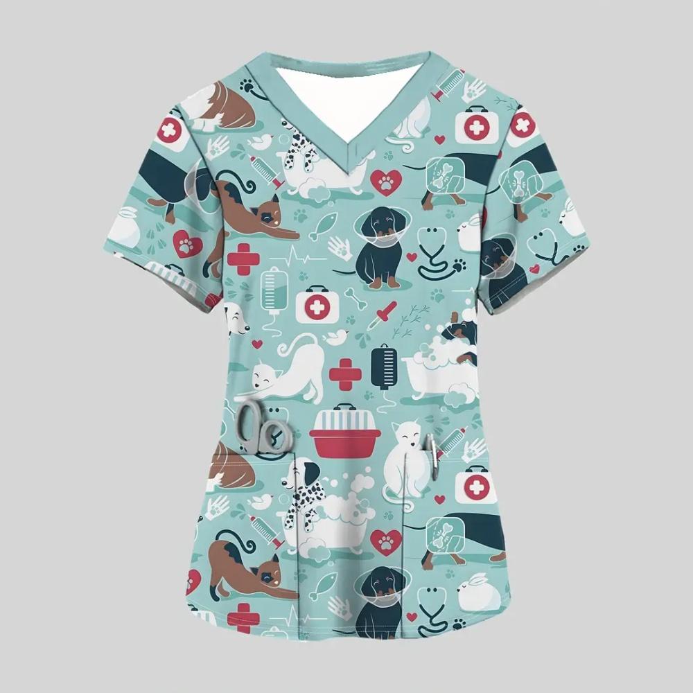 Uniformi Chirurgiche Carine Cartone Animato Gatto Donna Moda Estiva Scollo a V Medico Micro-Elastiche Manica Corta Tasche Applicate Abbigliamento Medico