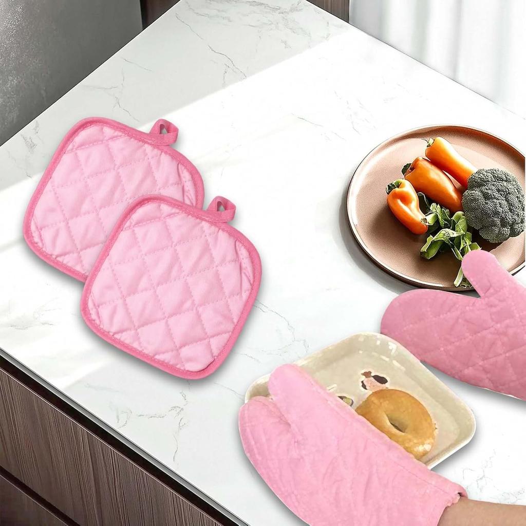 Pink Heat Resistant Oven Mitts and Potholders Set, 2 Packs of Quilted Gloves and 2 Packs of Heatproof Pads, Strong Grip for Hot Pans, Ideal for