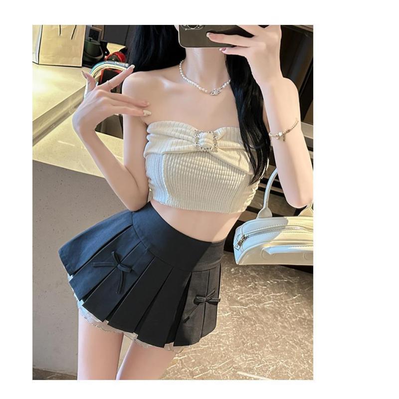 Dámská letní plisovaná prsatější sukně s vysokým pasem s mašlí z krajky