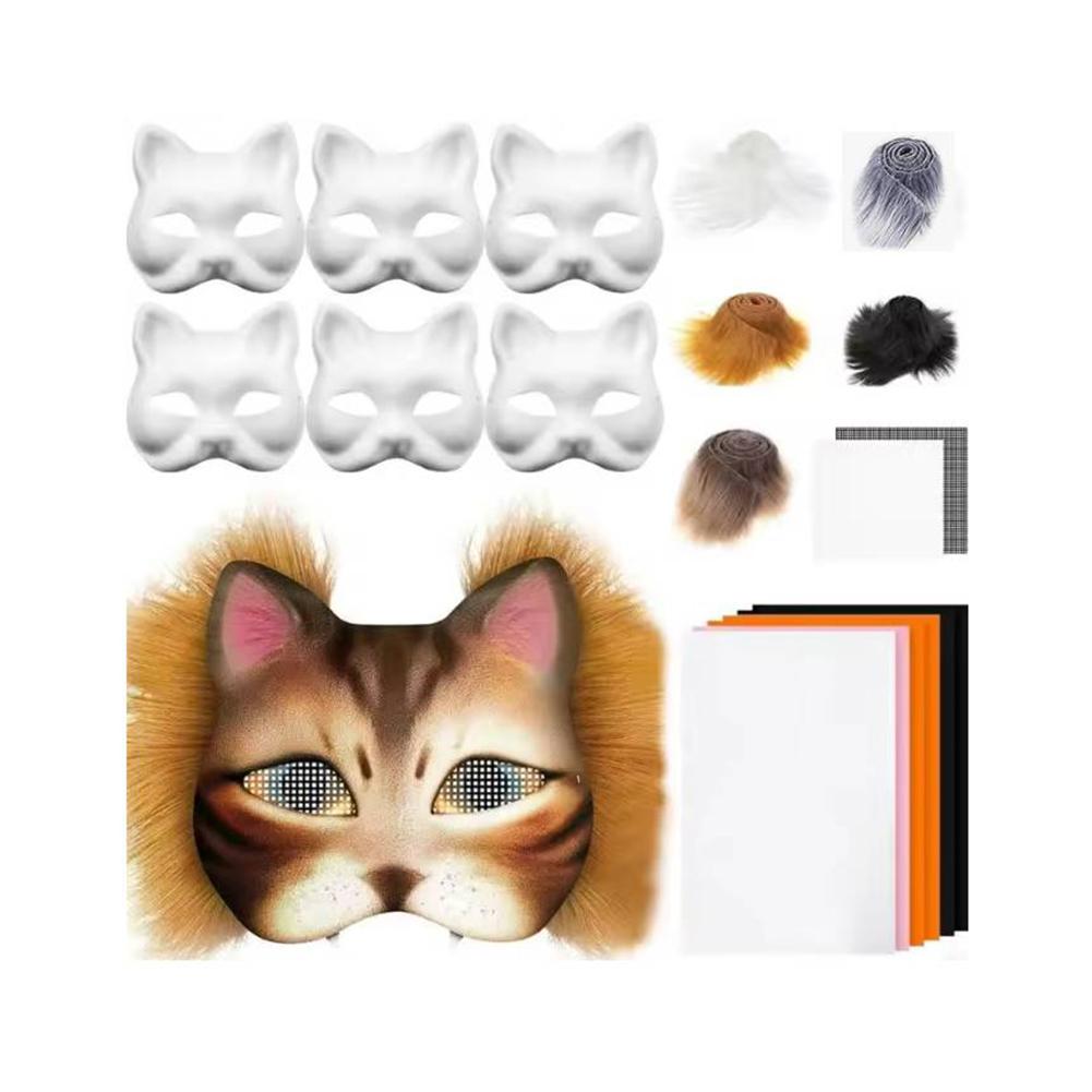 DIY Therian Masken-Set mit Filzstoffbogen Plüsch Kunstfell Augennetz Katzenmaske Blanko Tier-Verkleidungsmaske für Jungen Mädchen
