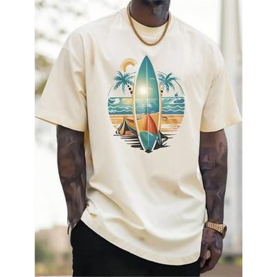 Men Cotton Casual T-Shirt Men and Women Tropical Surf Graphic T-Shirt Beach Vacation Tee With Palm Trees