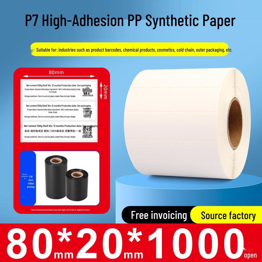 Papel sintético autoadhesivo impermeable para impresoras de códigos de barras, Tamaños: 60x40mm, 30x20mm, 80x70mm, 50x100mm, Adhesivo PP