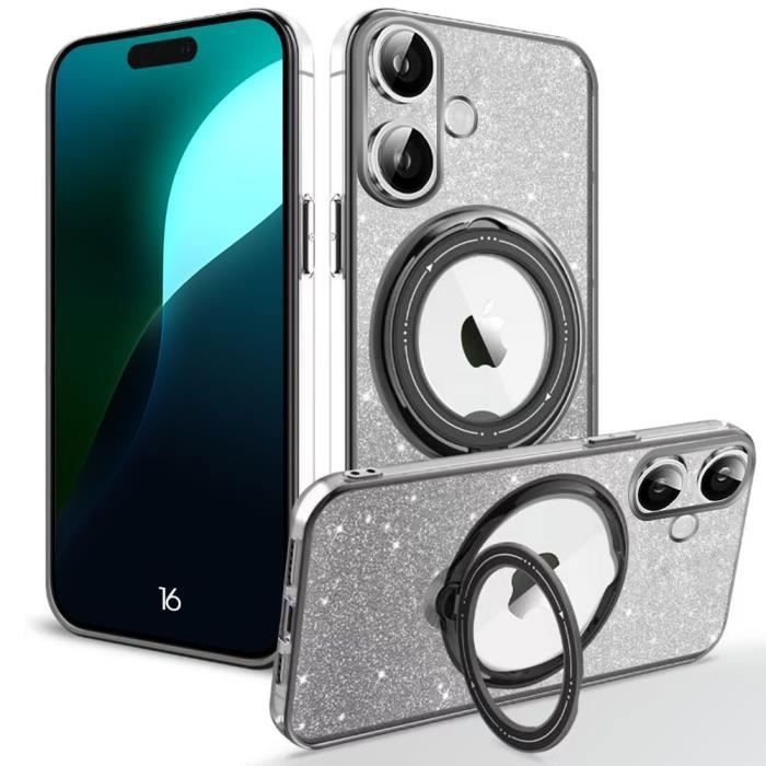 Coque de protection - protection scintillante - iphone 16 - support magnétique rotatif - noir - souple