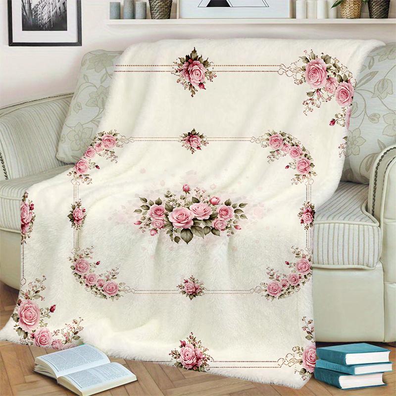 1pc Pink Rose Border Pattern Blanket, Vintage-style Design, Soft Plush Surface, Lightweight and Durable Flannel Material, Available in Multiple Sizes,