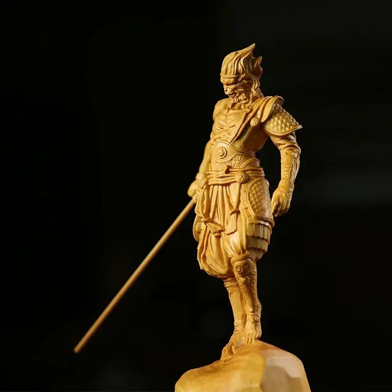 C666 Naturligt massivt trä Battle Buddha Apguden Sun Wukong Figur Staty Mytisk Apa Hem Rum Kontor Feng Shui Staty