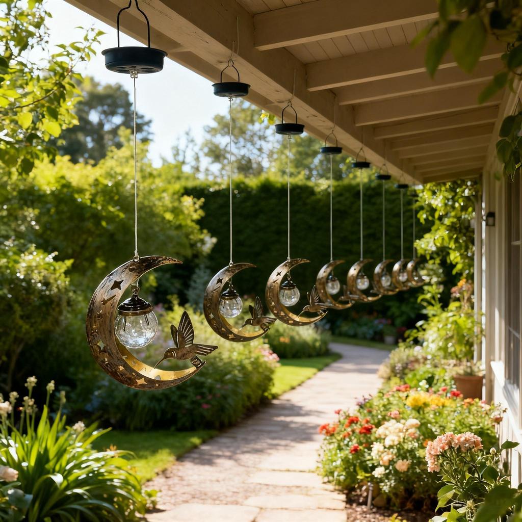 Solar-powered Moon-shaped Lantern with Hummingbird and Glass Ball Decorations, Suitable for Outdoor Garden and Patio Decorations