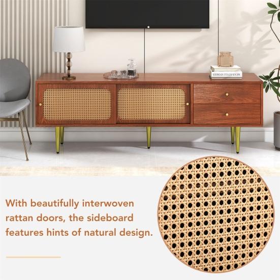Living Room TV Stand Spacious Countertop Cabinet with 2 Drawers Two Rattan Bedroom Media Console Sliding Doors Metal Legs Furniture