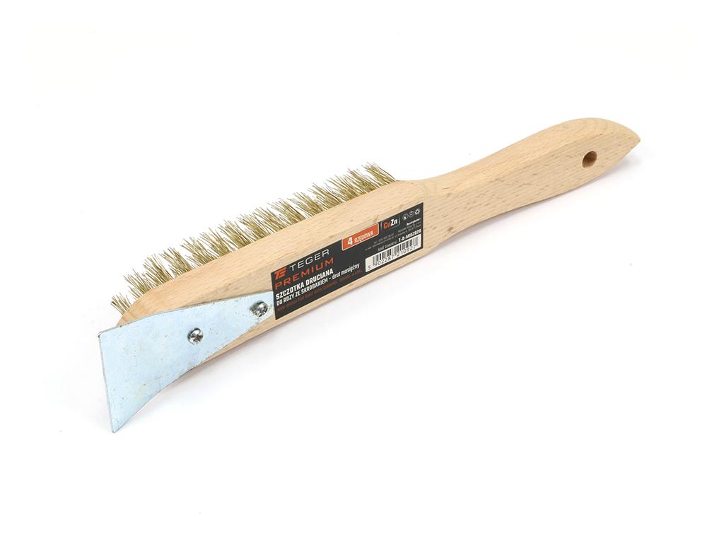 PREMIUM rust removal wire brush - brass wire / 4 rows, with scraper, TEGER