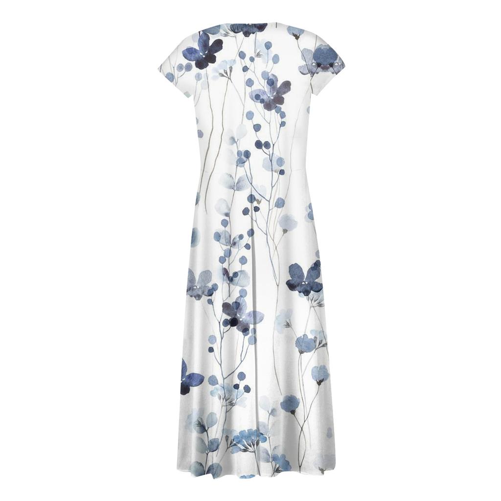 Langes Damenkleid, Maxikleid, Freizeitkleid, Chiffon-Kleider, Swing-Kleid, einfarbig, lässig, reif, Outdoor, Alltag, Date, gerüscht, kurzärmelig, V-Ausschnitt