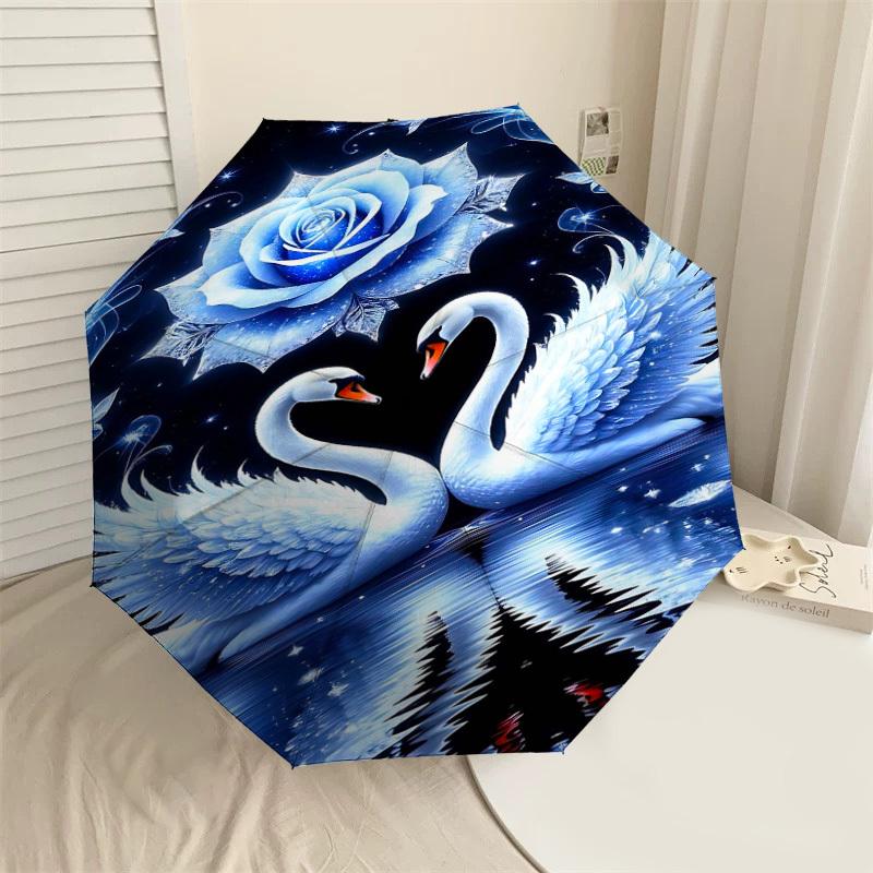 

1pc Swan Love Automatic Open/Close Umbrella Compact Folding Umbrella with 8-Rib Shaft for Women/Men, Portable Travel Umbrella,1192S