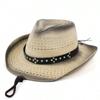 Adult Western Straw Cowboy Hat With Turquoise Belt Decor Rolled Brim For Outdoor Travel