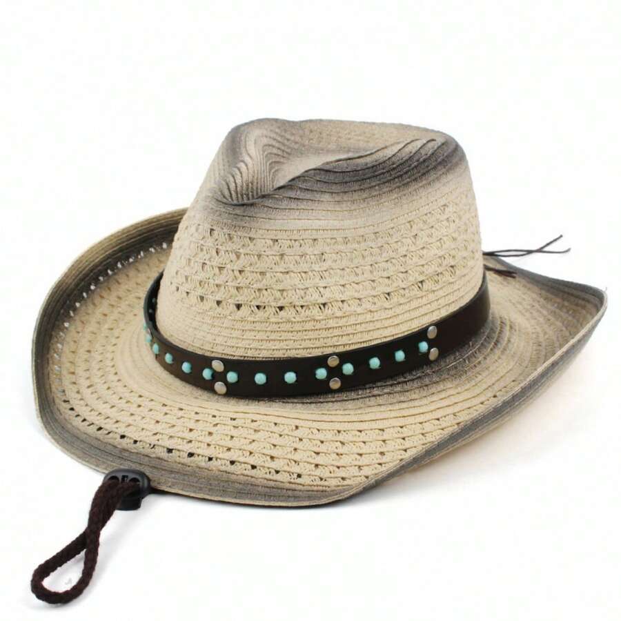 Adult Western Straw Cowboy Hat With Turquoise Belt Decor Rolled Brim For Outdoor Travel