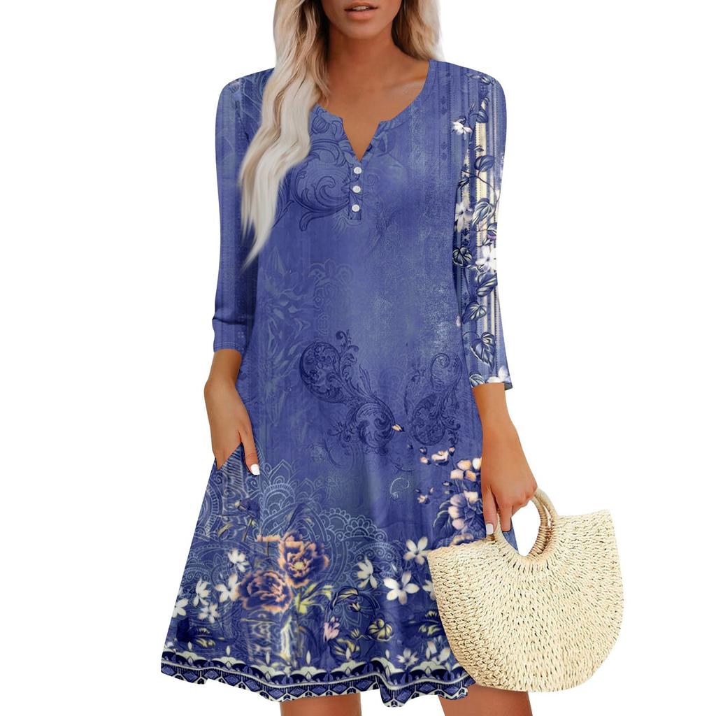 Women's Summer Dress Loose V Neck Three-quarter Sleeve Sundress With Pockets Dress