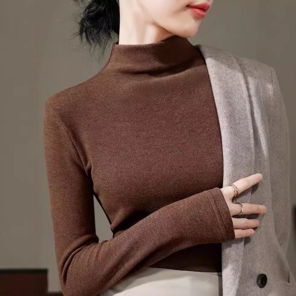 Women's Half High Neck Long Sleeve Slim Fit Top Solid Color Winter Warm T-Shirt
