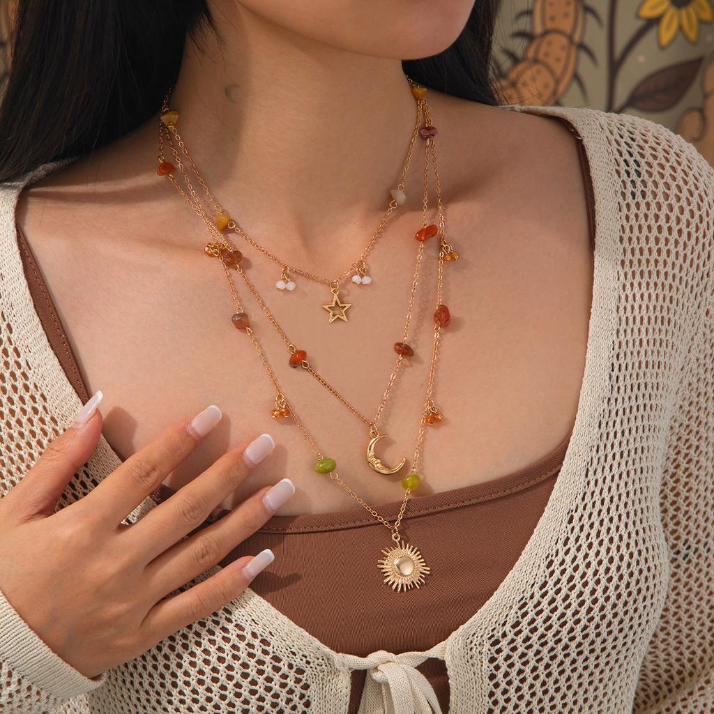 Bohemian Vacation Wind Irregular Gravel Necklace Women, Sweet Cool Sun Flower Star And Moon Pendant Necklace