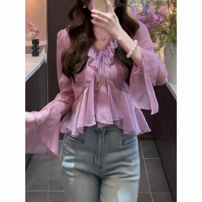 Women's Chiffon Ruffled Blouse Long Bell Sleeve V-neck Tie Front Elegant Sheer Casual Top