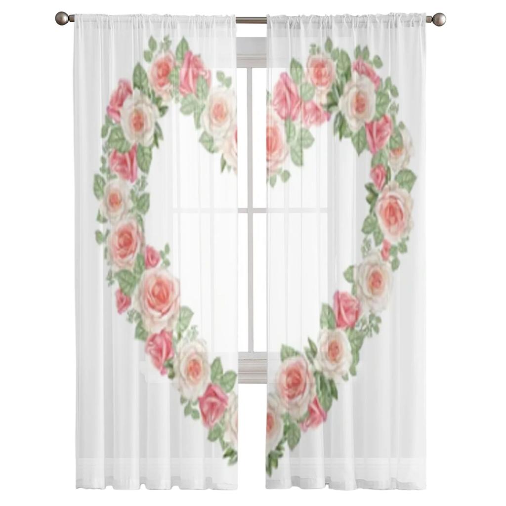 Watercolor Heart Rose Wreath Sheer Curtains For Living Room Window Transparent Voile Tulle Curtain Bedroom Drapes Home Decor