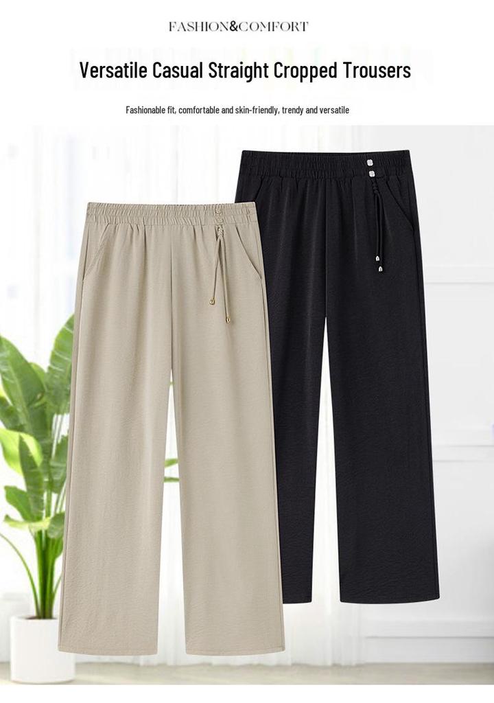 Mom's Summer 2026 Ice Silk High-Waisted Cropped Wide-Leg Pants for Women - Thin, Casual, Chinese Style.