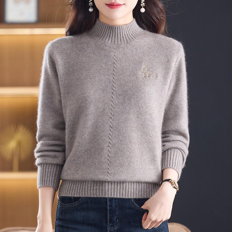Women's Warm Cashmere Sweater with Embroidered Half-High Collar - Autumn/Winter Fashion Base Layer
