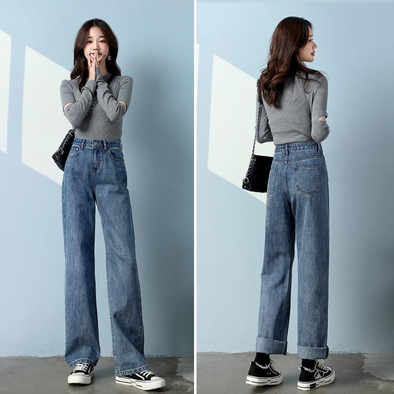 

High-Waisted Slim-Fit Women s Wide-Leg Drape Jeans - Trendy Spring/Summer Petite Straight-Leg Pants Large 28 средний синий