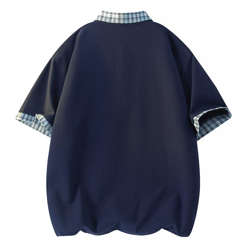Plaid Splicing Short-sleeved POLO Shirt For Men In Summer Loose Couple Versatile Half-sleeved T-shirt