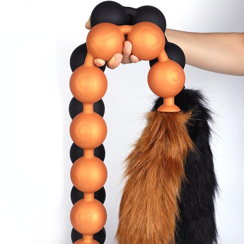Měkké silikonové stahovací korálky Dlouhý ocas Sexuální hračka pro dospělé Anální kolík Fisting Slave BDSM Realistické Dildo Pegging