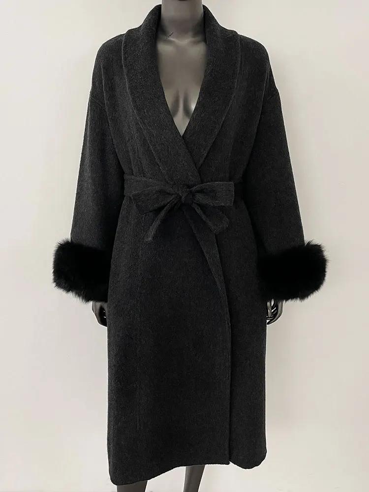 OFTBUY Oversize Loose Autumn Winter Women Coat Real Natural Fox Fur V-neck Woolen Blends Jacket Thick Warm Casual New Overwears