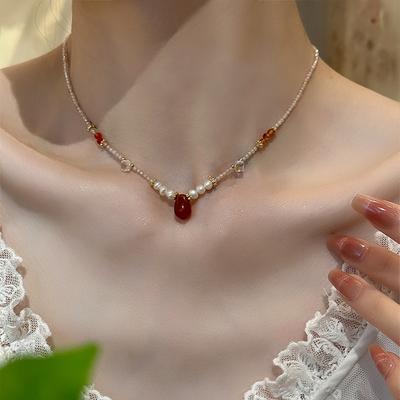 Glazen Kralen Zirkoon Hars Hanger Parel Ketting Retro Premium Temperament Sleutelbeenketting Mode Licht Luxe Ketting